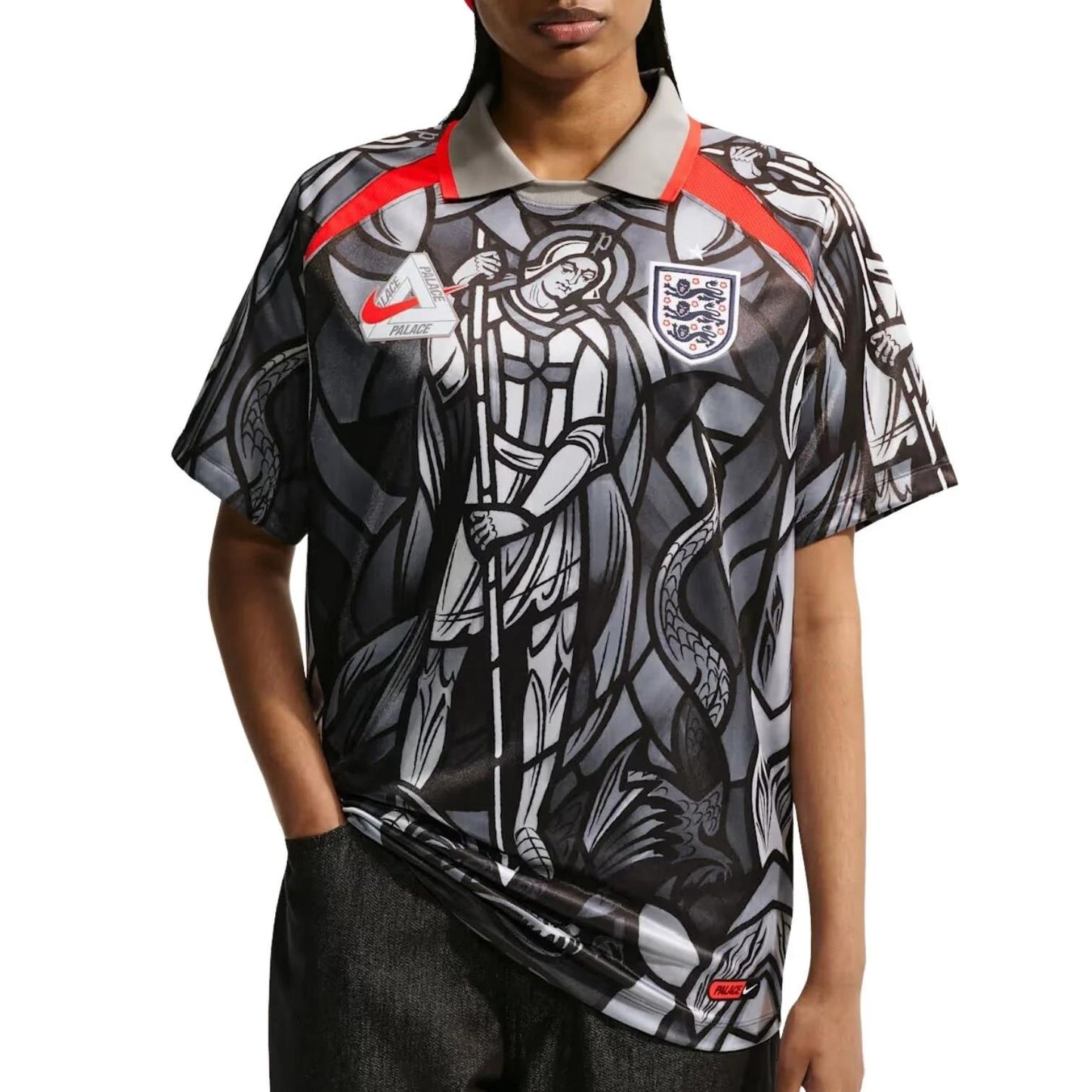 Palace x Nike England Dri-FIT Football Jersey 
Pewter Grey/Bright Crimson