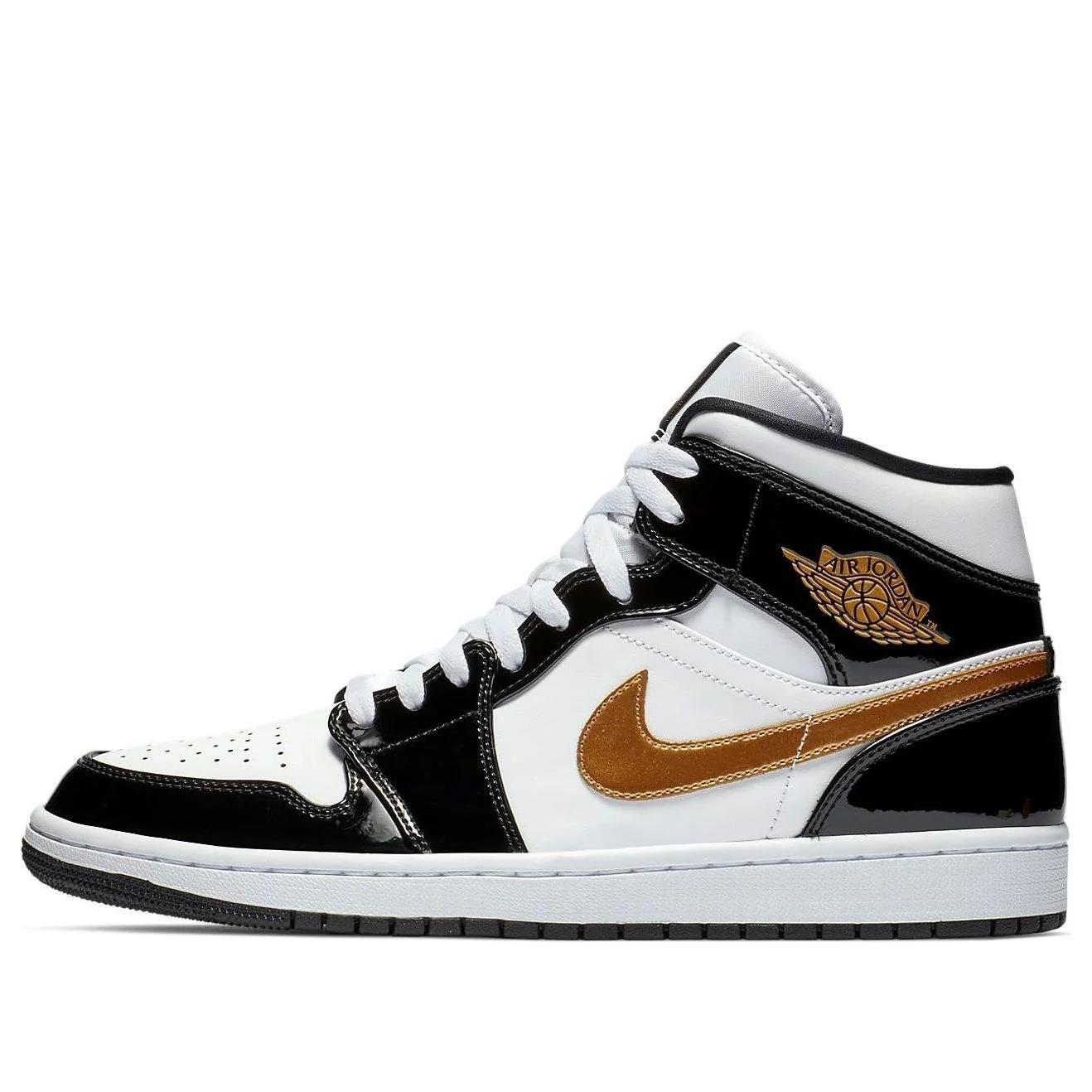 Nike Air Jordan 1 Mid Patent Black White Gold Men's 852542-007