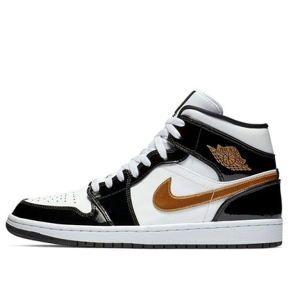 Nike Air Jordan 1 Mid Patent Black White Gold Men's 852542-007